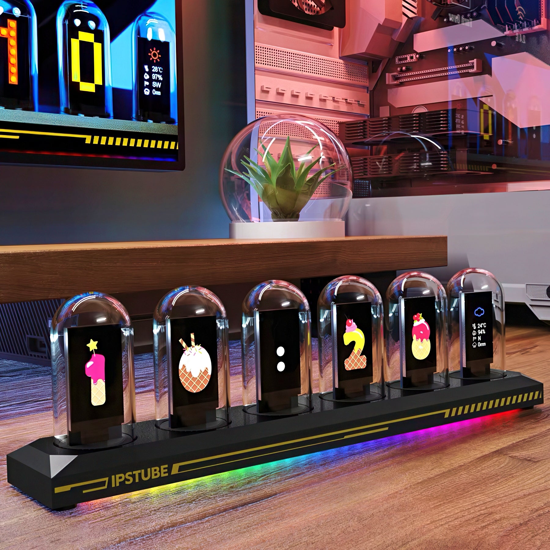 Nixie tube clock with colorful display on a wooden surface