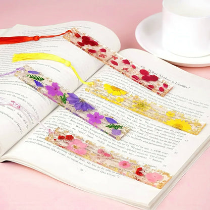 Transparent Acrylic Bookmark with Dried Flowers and Gold Flakes