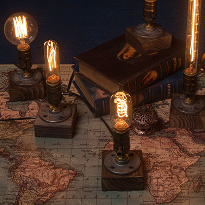 Retro Edison Bulb Table Lamp with Wooden Base