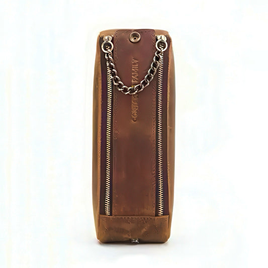 Large Capacity Cowhide Leather Pencil Case with Parallel Zipper