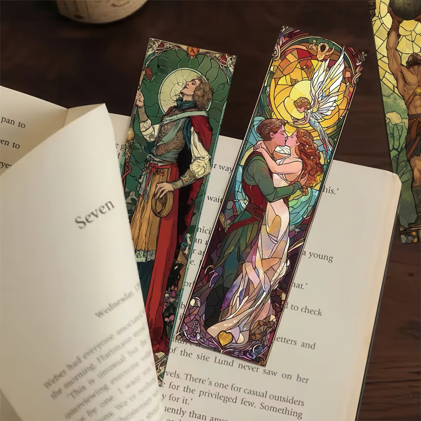 Colorful tarot card-style bookmarks on an open book