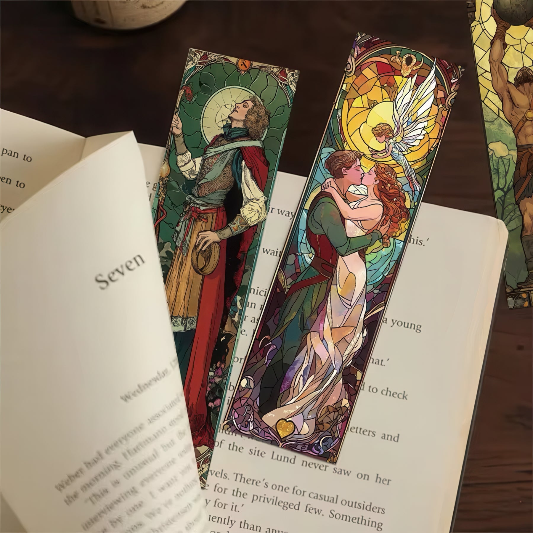 Colorful tarot card-style bookmarks on an open book