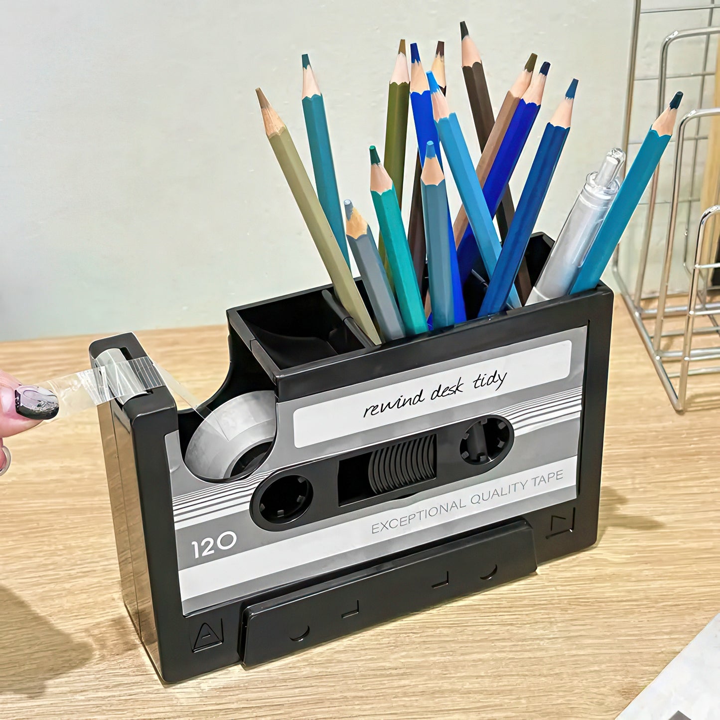 Retro Cassette Shaped Pen Holder with Tape Dispenser