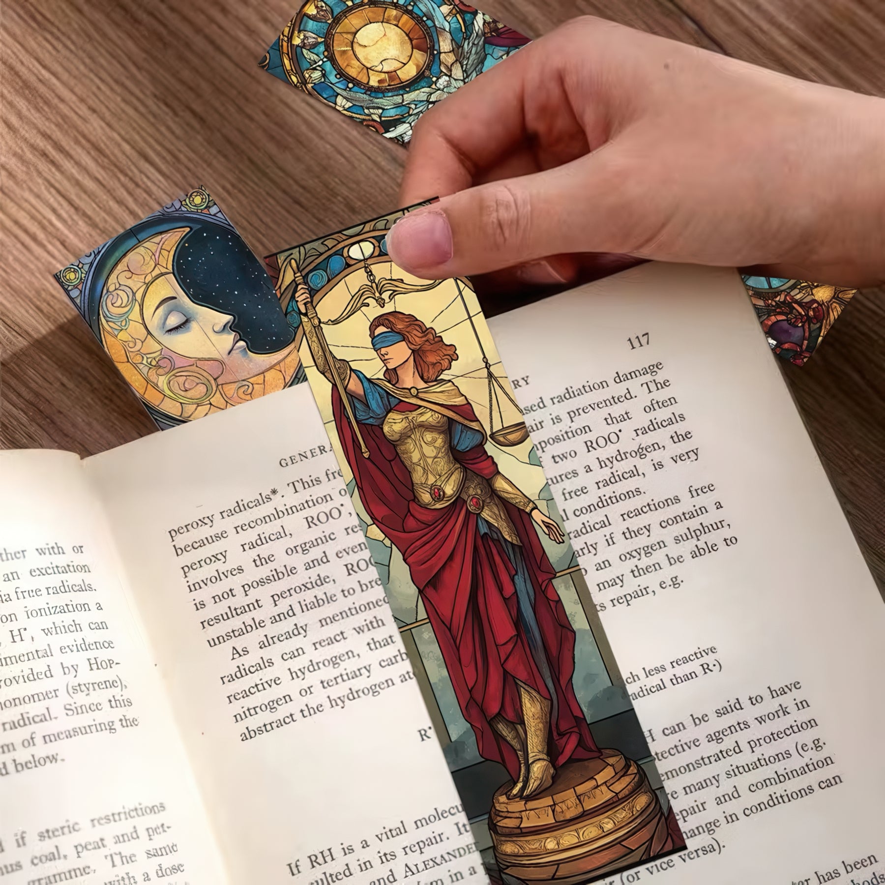 Colorful tarot bookmark with a stylized figure on an open book
