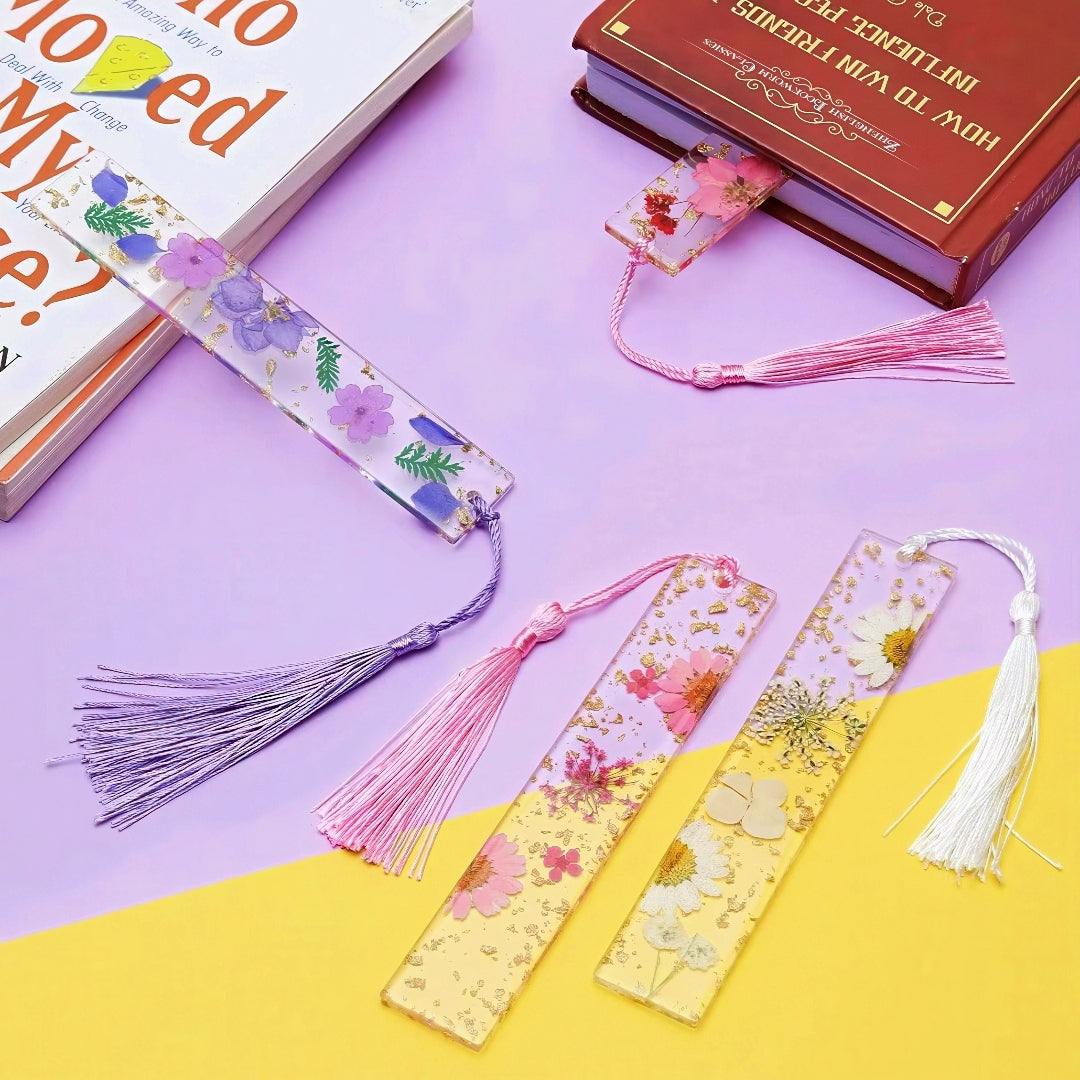 Transparent Acrylic Bookmark with Dried Flowers and Gold Flakes