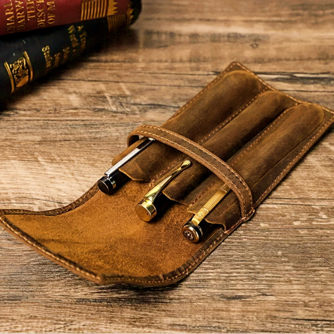 Retro Cowhide Leather Pen Case with 1/2/3 Slots