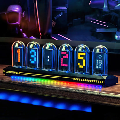 Digital clock with LED display on a wooden base, surrounded by colorful lights.