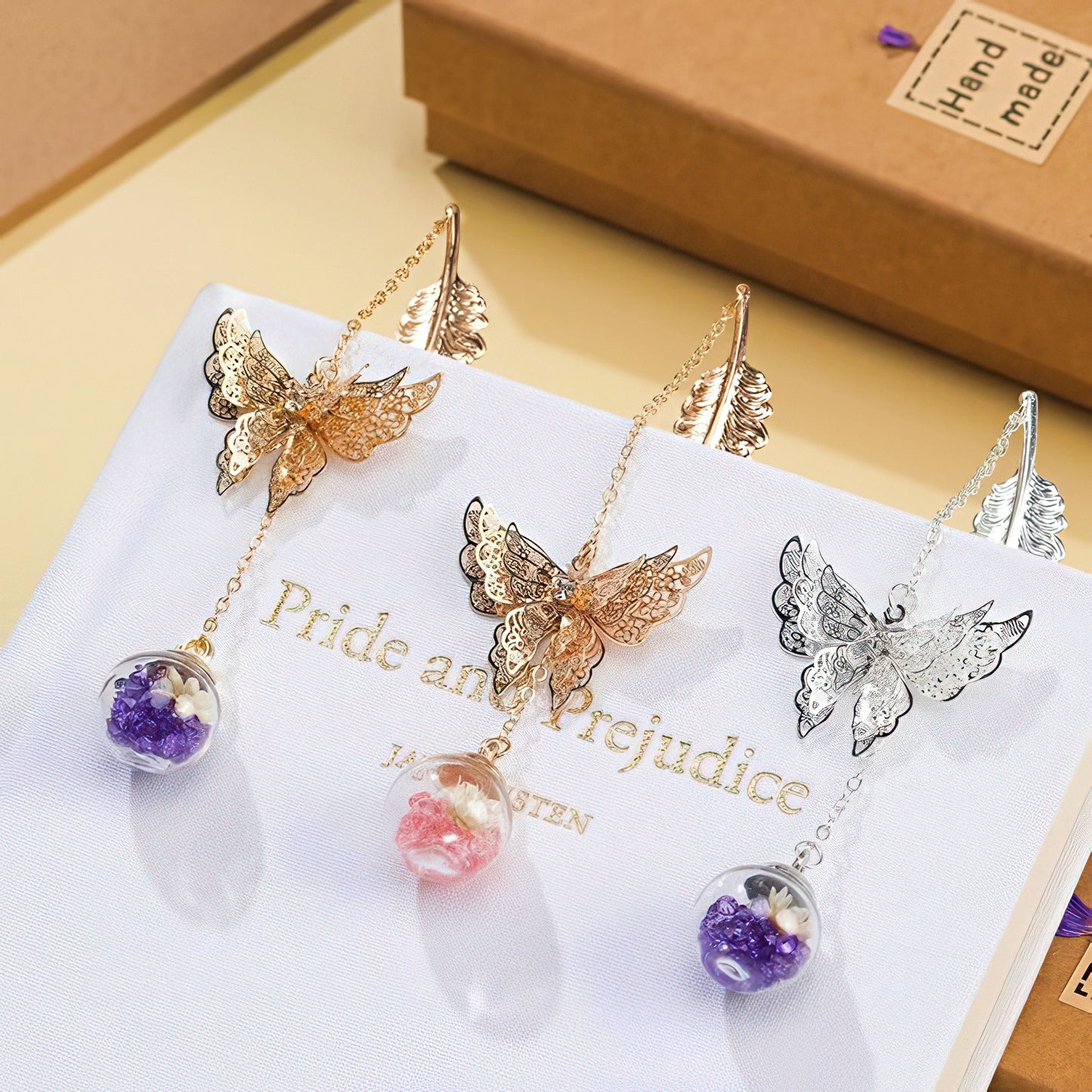 Feather Shaped Metal Bookmark with Glass Bead Charm