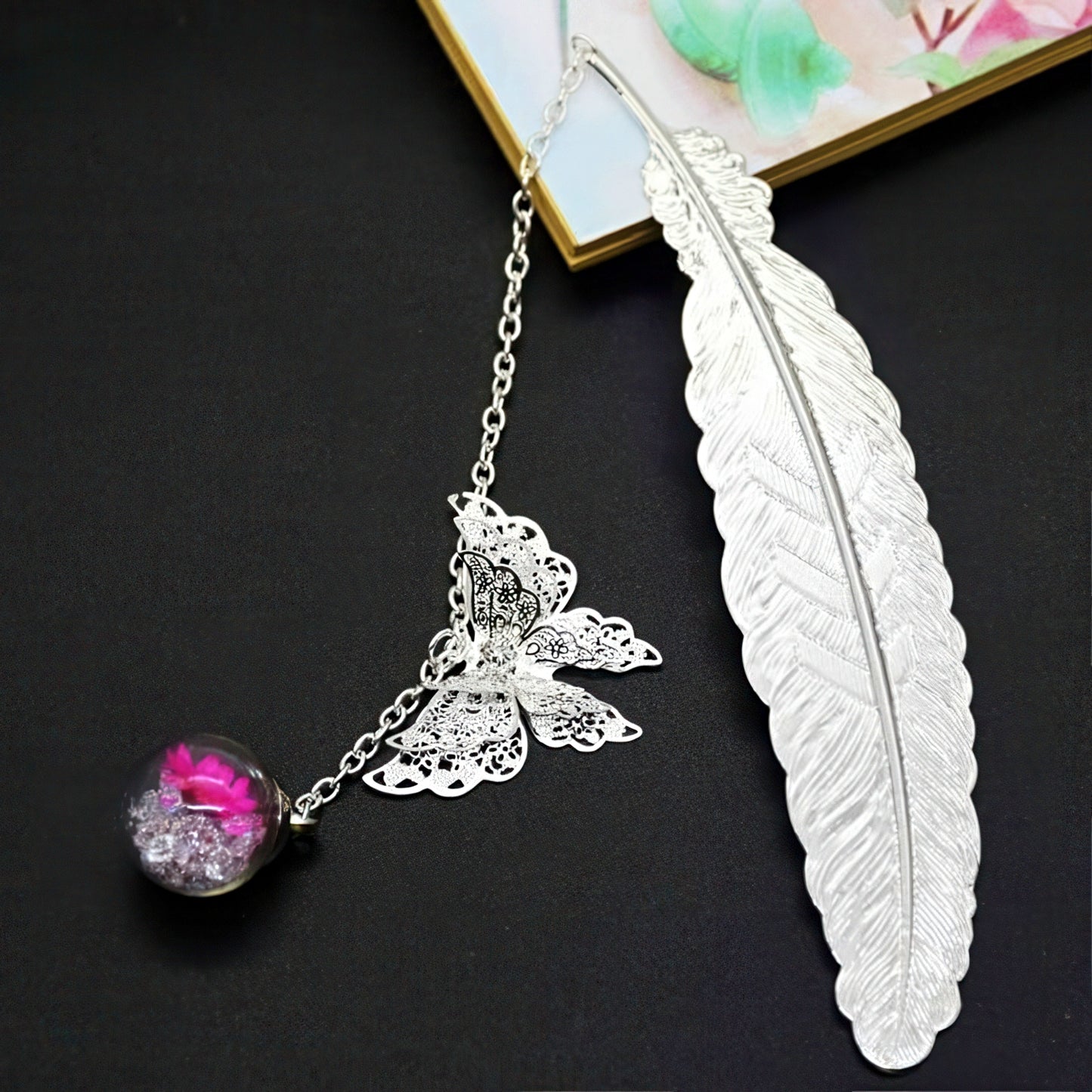 Feather Shaped Metal Bookmark with Glass Bead Charm