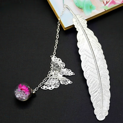Feather Shaped Metal Bookmark with Glass Bead Charm
