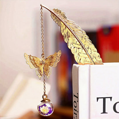 Feather Shaped Metal Bookmark with Glass Bead Charm