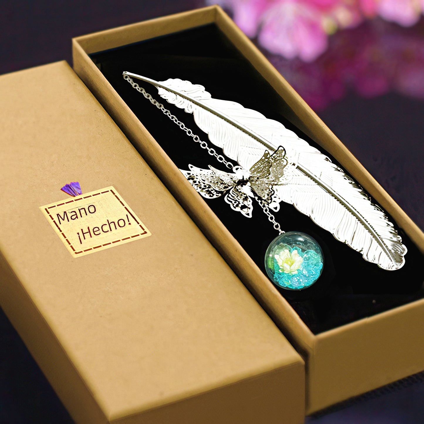 Feather Shaped Metal Bookmark with Glass Bead Charm