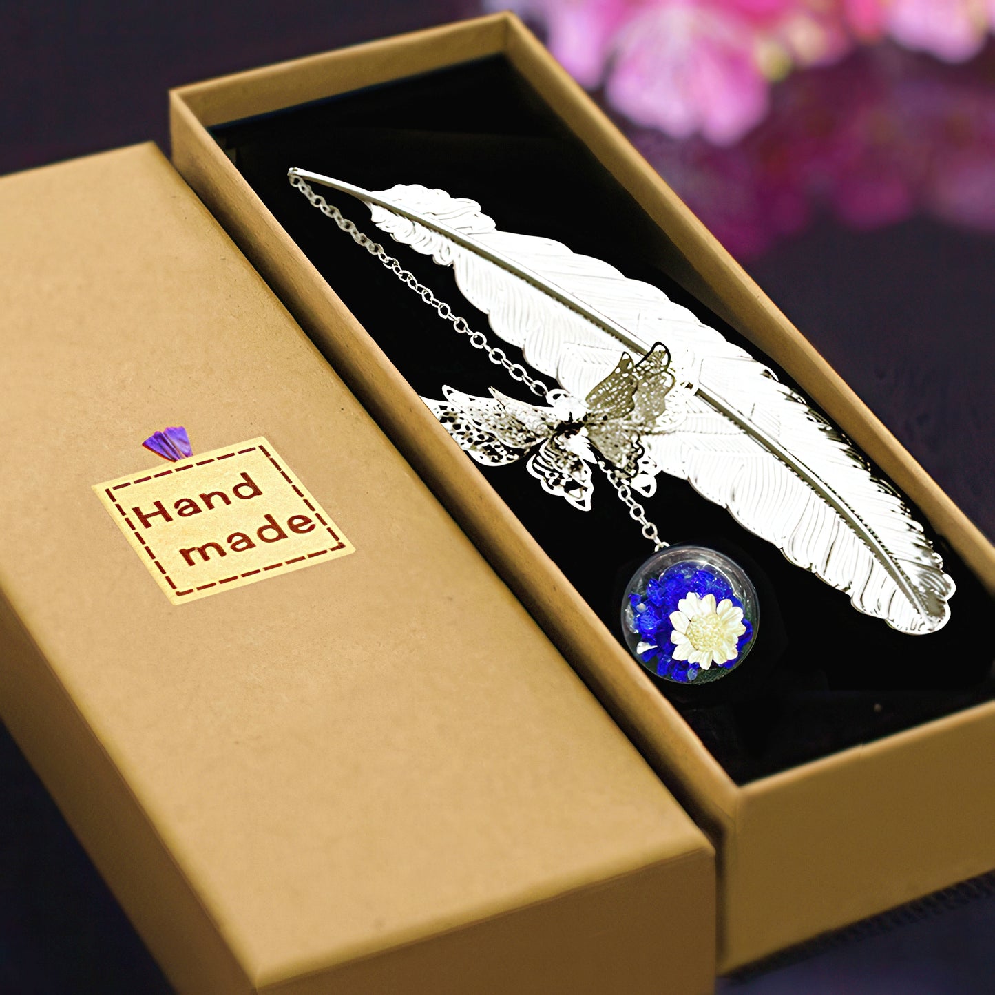 Feather Shaped Metal Bookmark with Glass Bead Charm