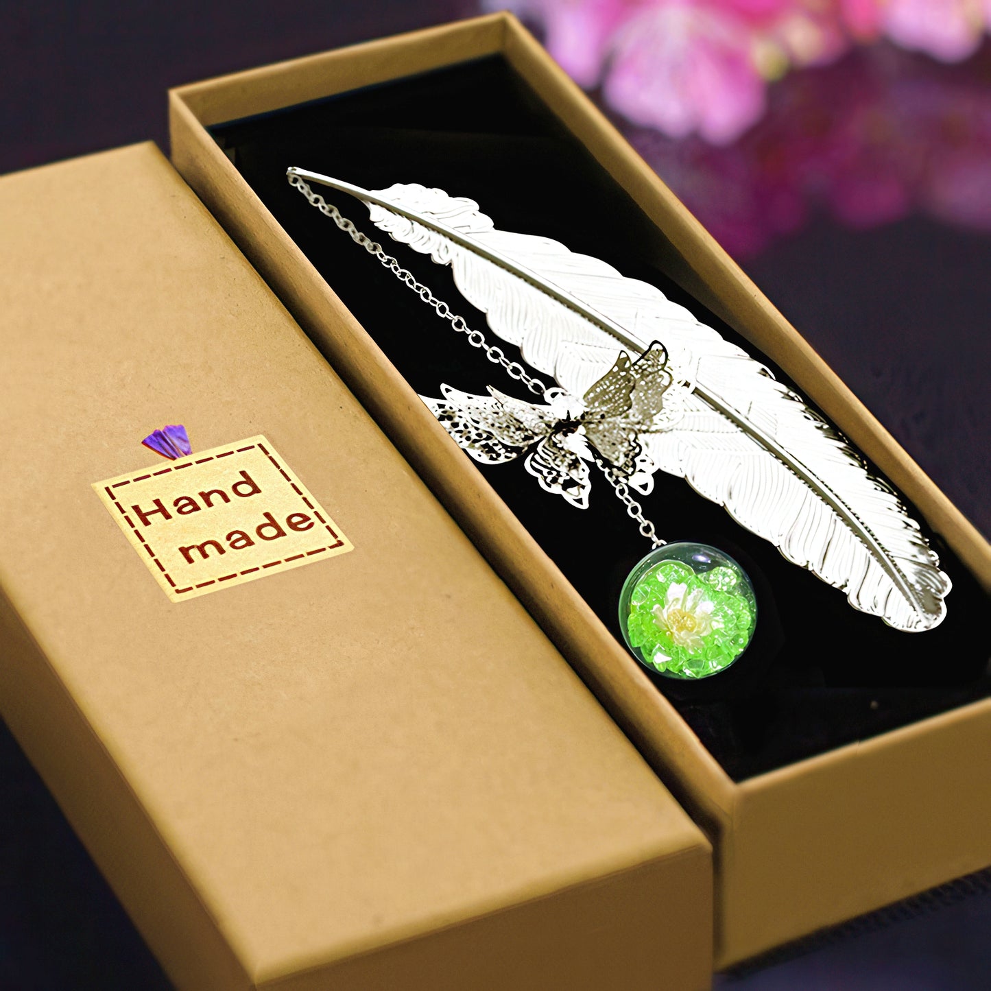 Feather Shaped Metal Bookmark with Glass Bead Charm