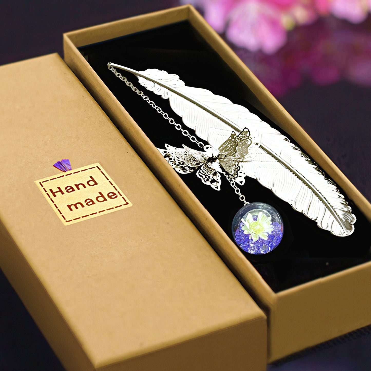Feather Shaped Metal Bookmark with Glass Bead Charm