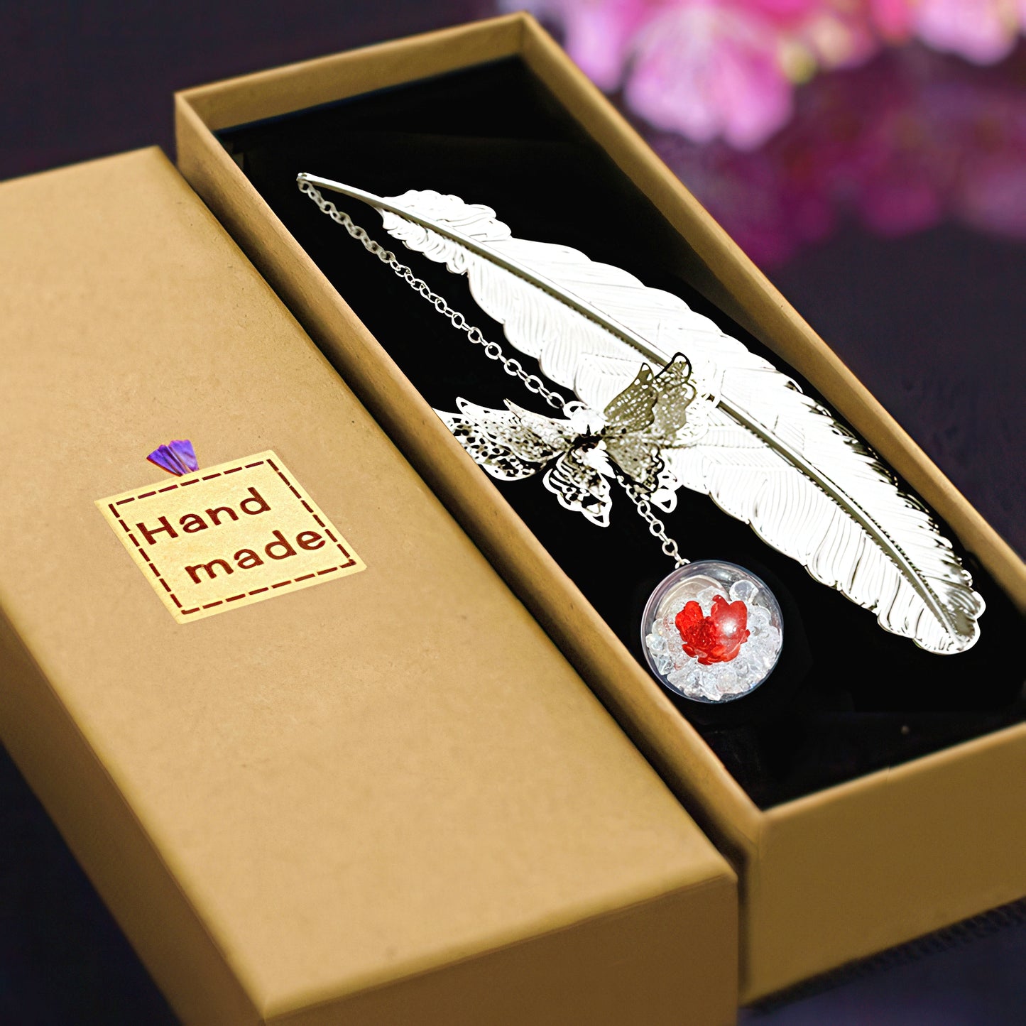 Feather Shaped Metal Bookmark with Glass Bead Charm
