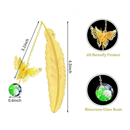 Feather Shaped Metal Bookmark with Glass Bead Charm