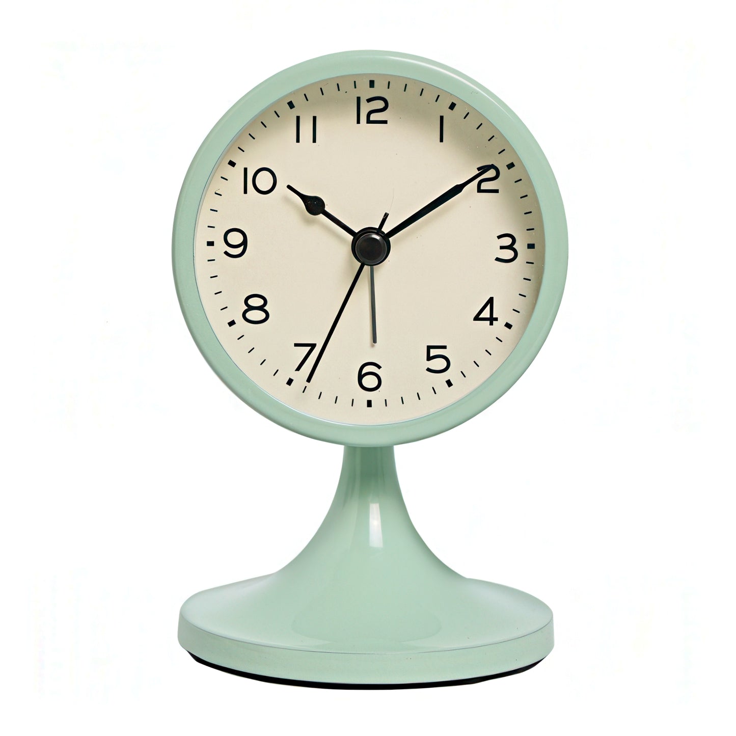 Mint green table clock with a beige face on a white background