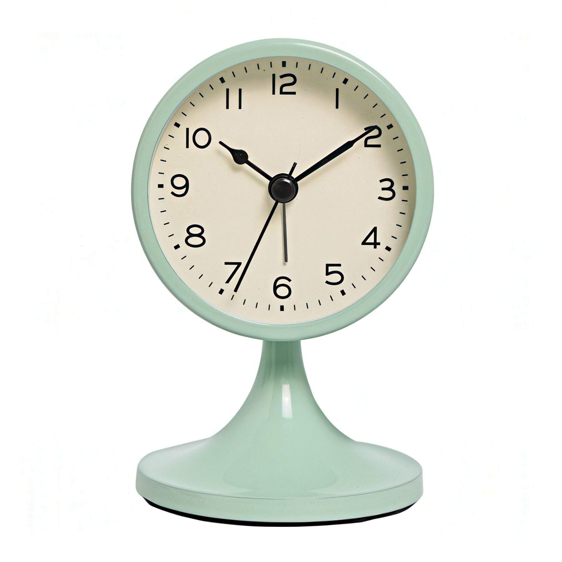 Mint green table clock with a beige face on a white background