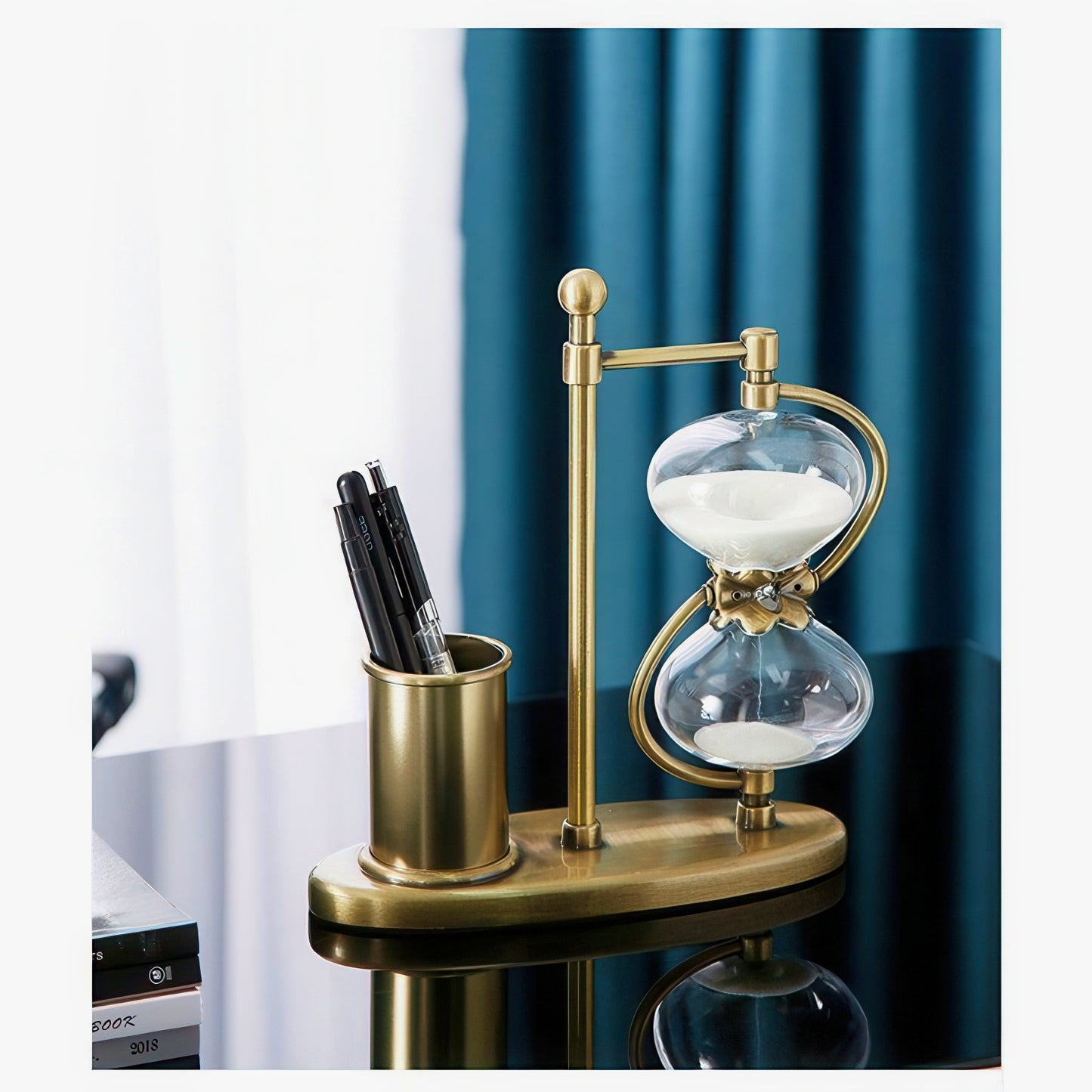 Retro Brass Hourglass with Pen Holder