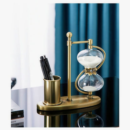 Retro Brass Hourglass with Pen Holder