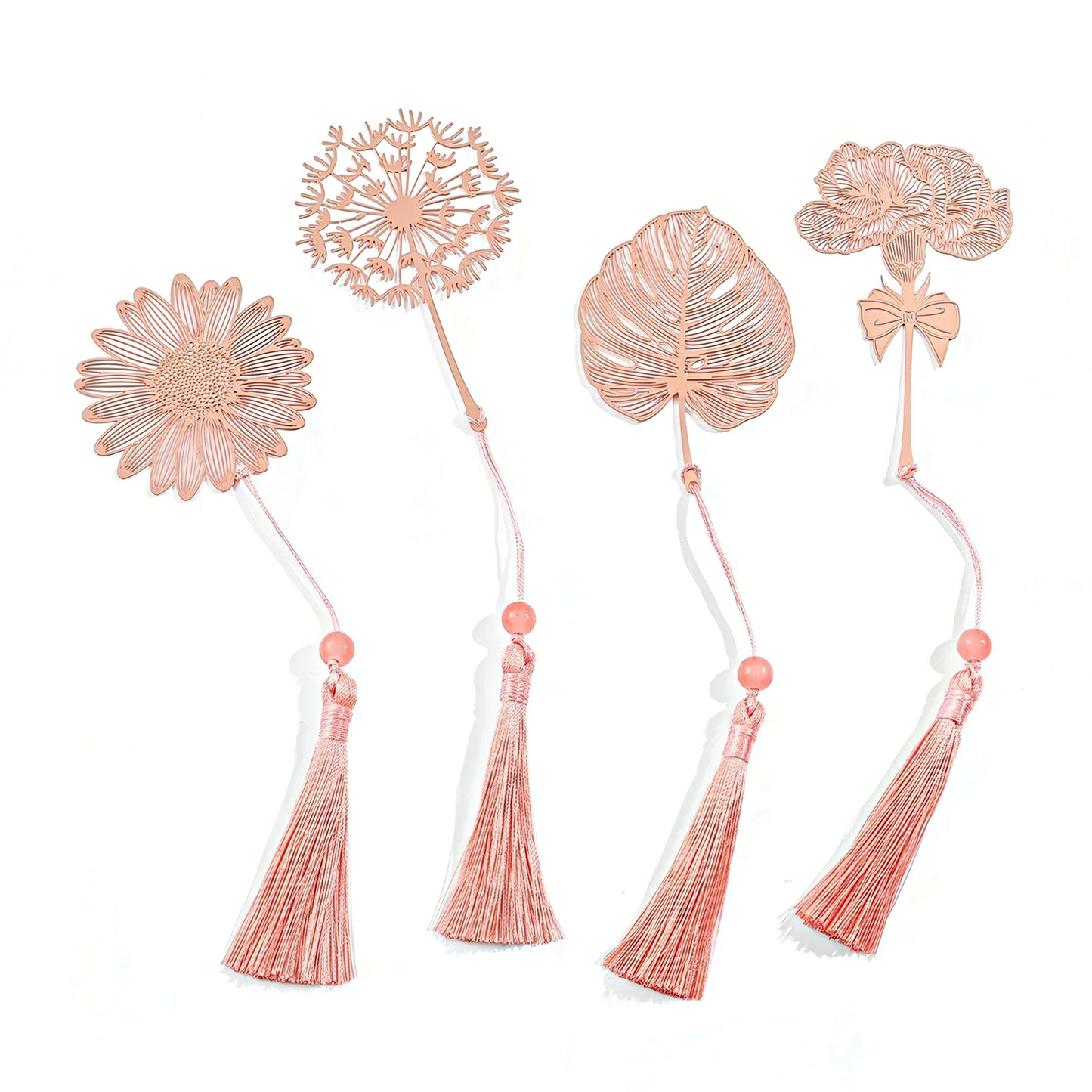 Set of metal bookmarks with floral designs and tassels on a white background