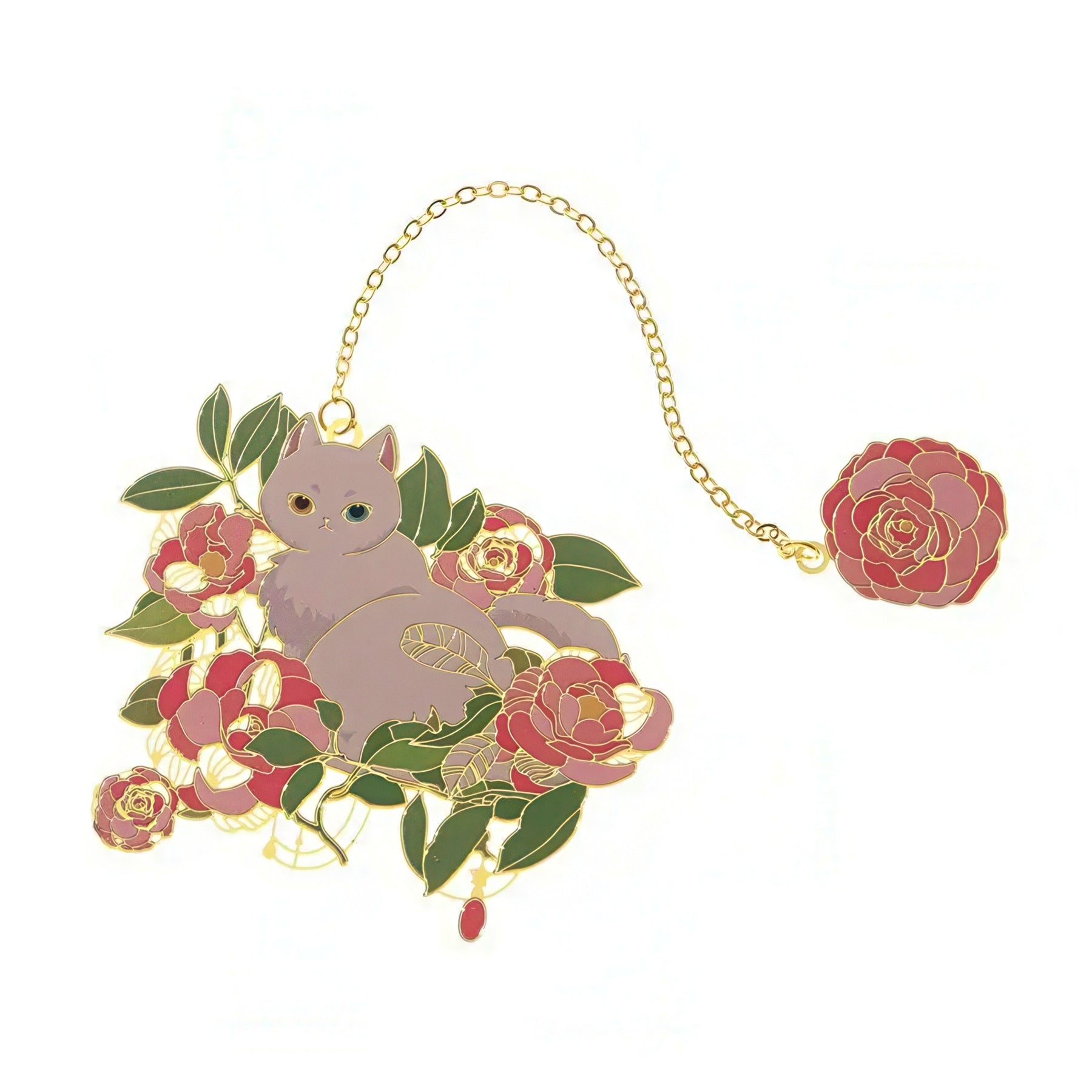 Decorative metal bookmark with a cat and floral design on a white background