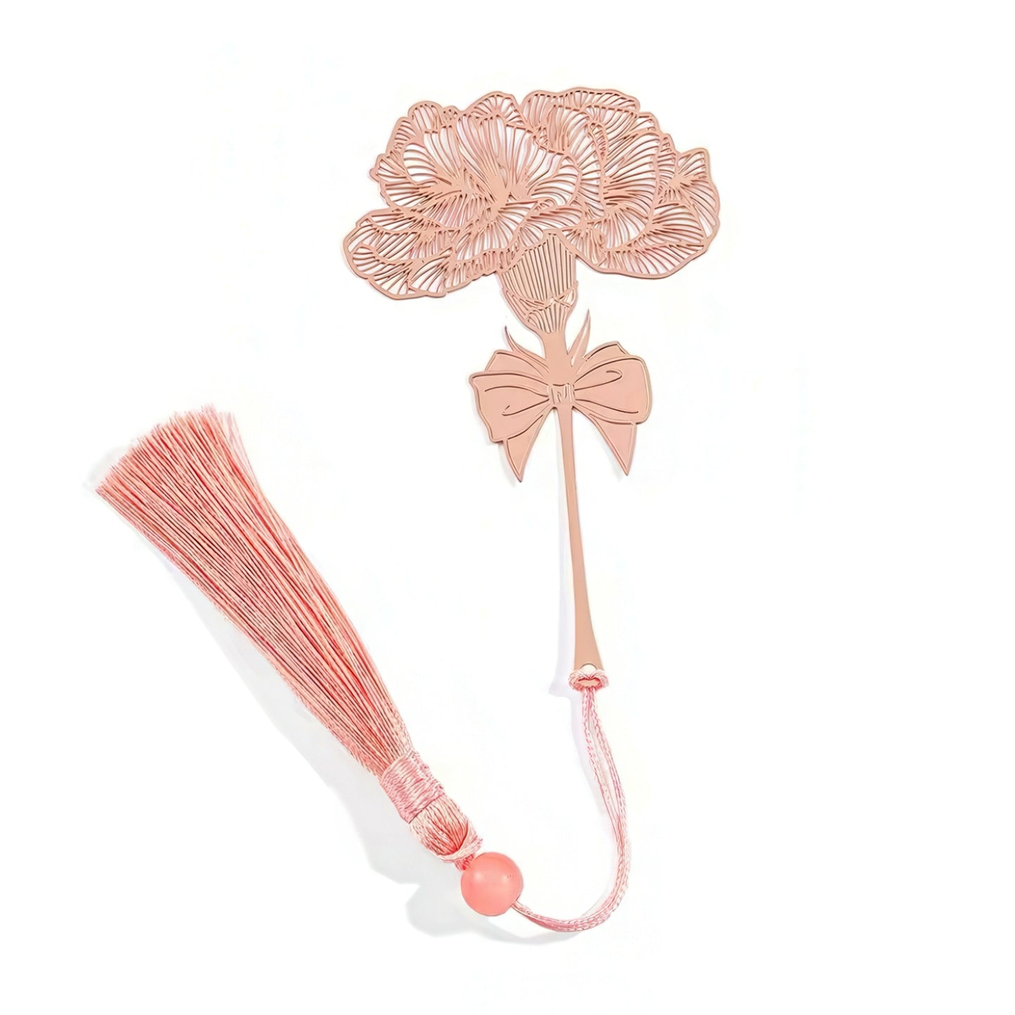 Decorative rose gold bookmark with floral design and tassel on a white background
