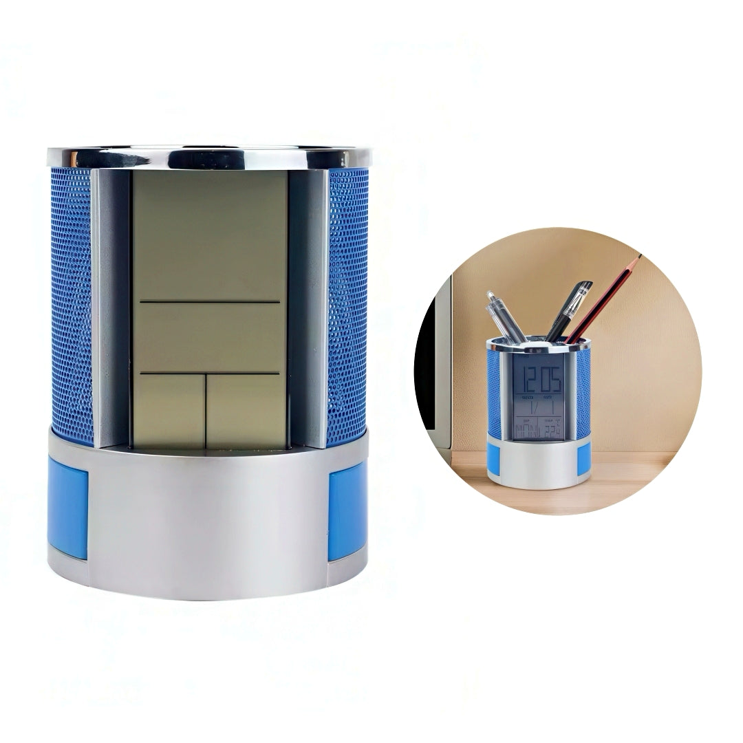 Metal Mesh Pen Holder with Digital Alarm Clock