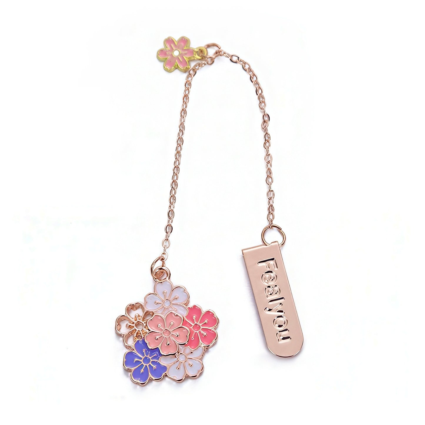 Decorative bookmark with floral designs and a chain on a white background