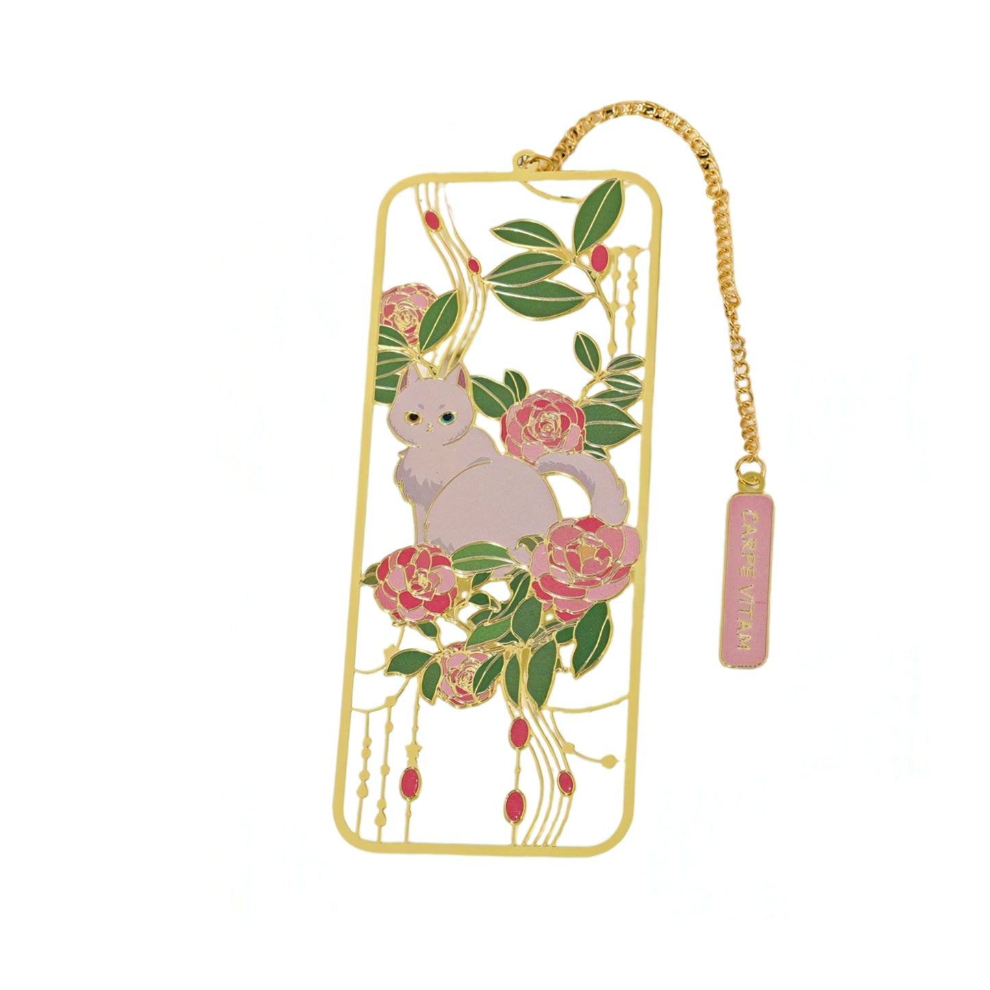 Cat and Flowers Themed Metal Bookmark