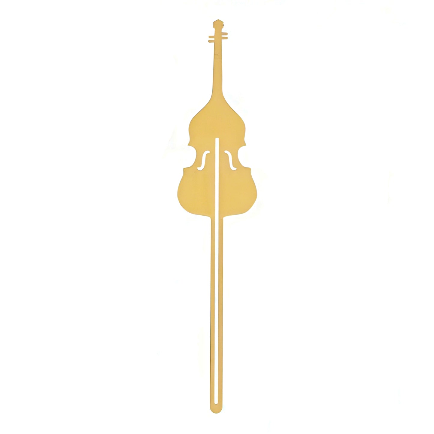 Gold violin-shaped metal bookmark on a white background