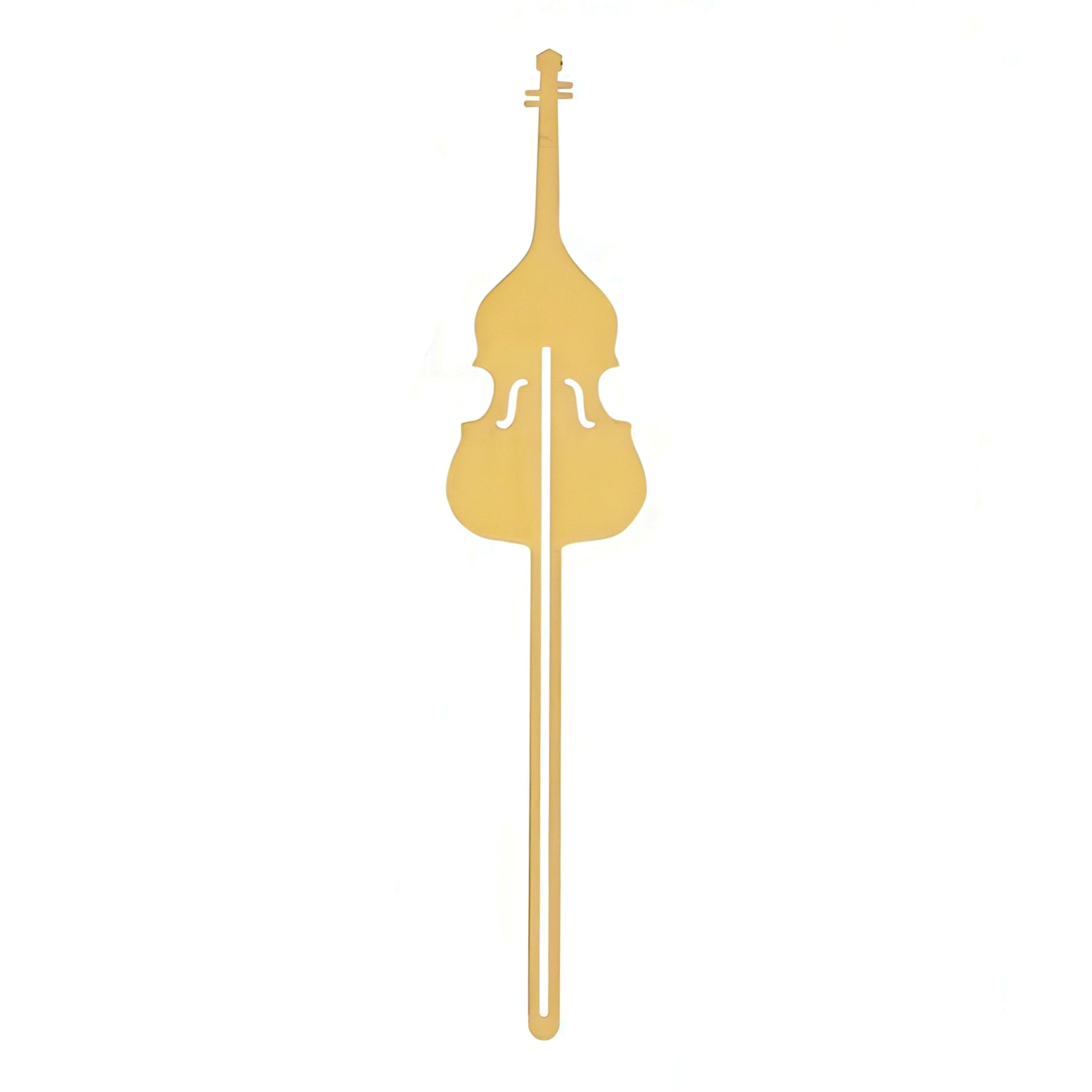 Gold violin-shaped metal bookmark on a white background