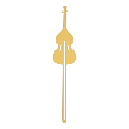Gold violin-shaped metal bookmark on a white background