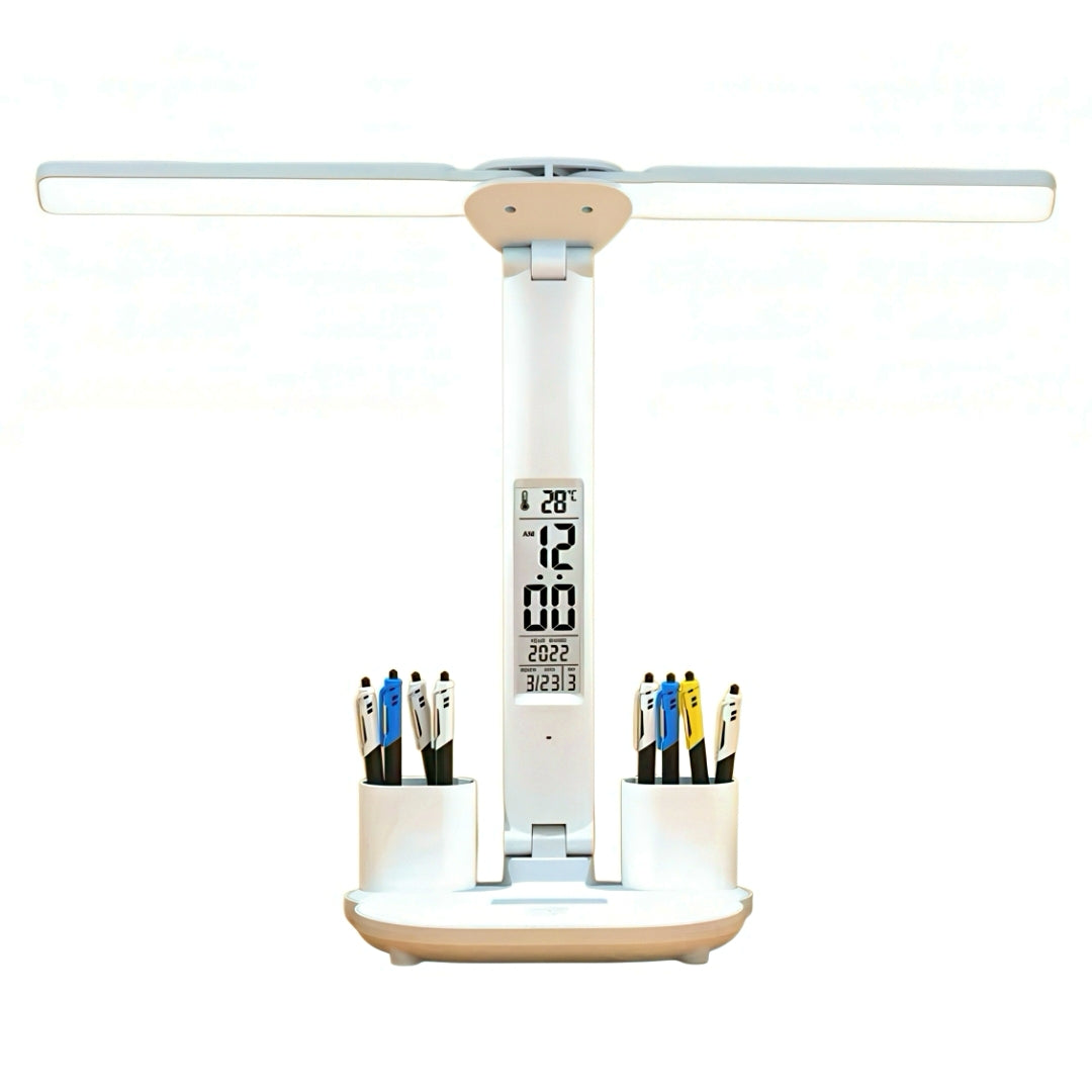 Double Head Desk Lamp with Digital Clock & Pen Holders