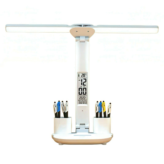 Double Head Desk Lamp with Digital Clock & Pen Holders