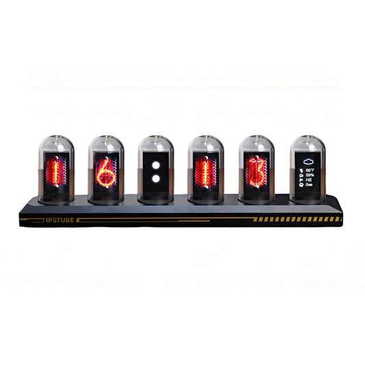 Digital display Nixie tube clock with seven LED lights on a black base