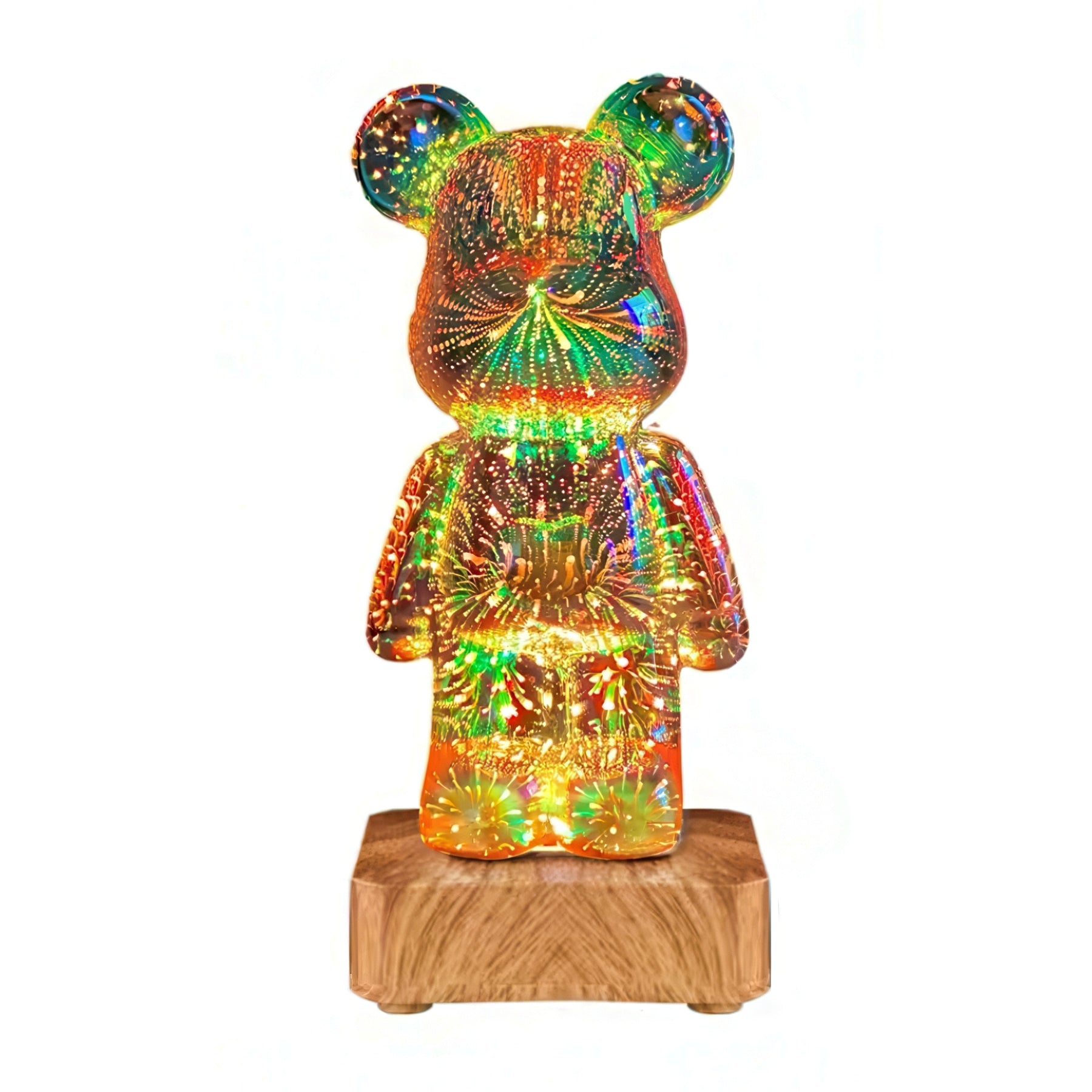 Colorful teddy bear-shaped light with wooden base on a white background