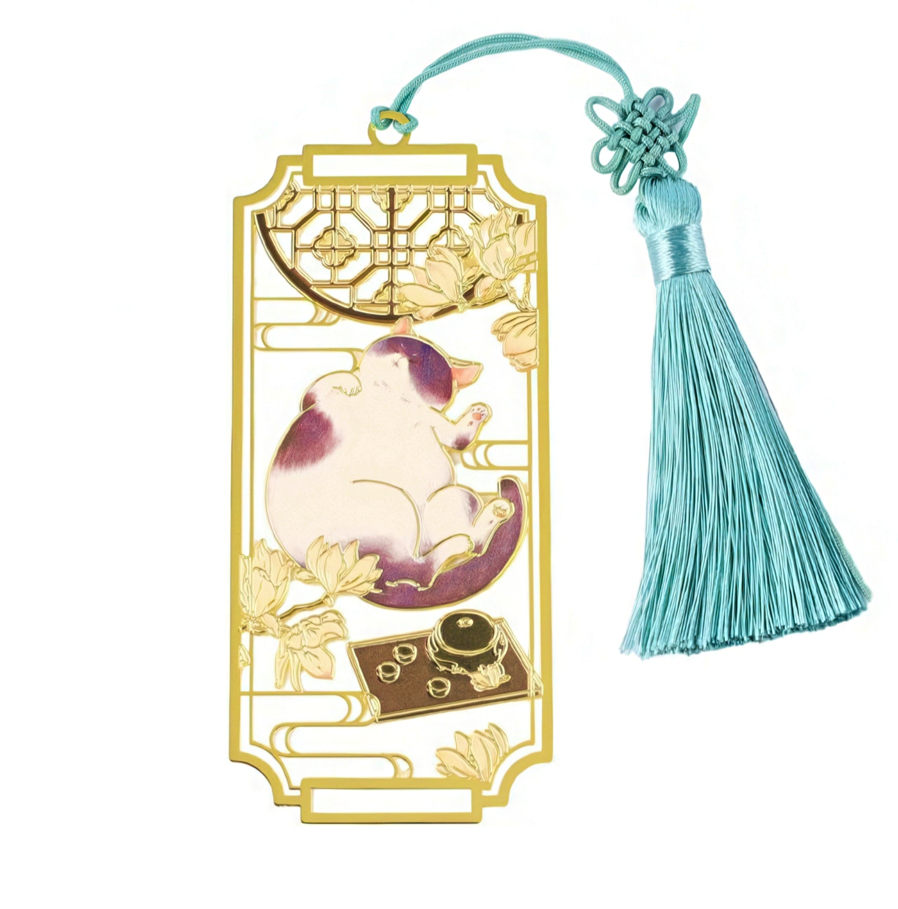 Decorative bookmark with a cat design and tassel on a white background