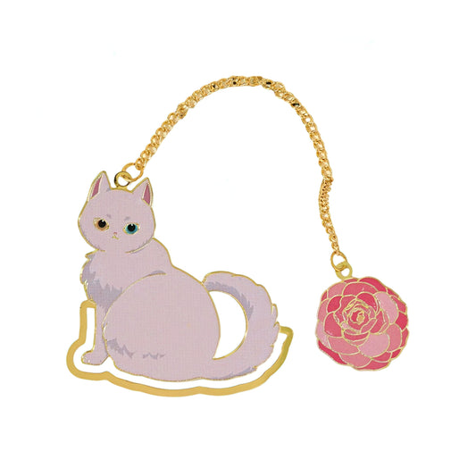 Cat-shaped metal bookmark with gold chain and pink rose charm on a white background