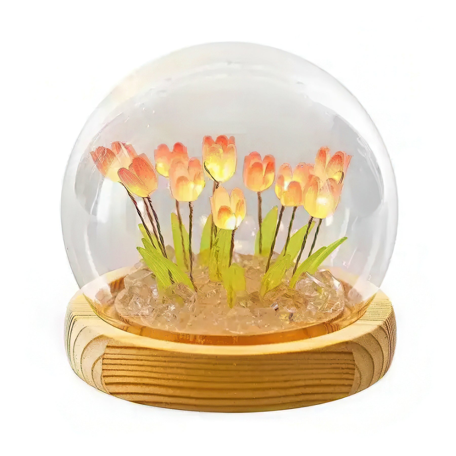 Decorative lamp with glowing tulips inside a transparent sphere on a wooden base.