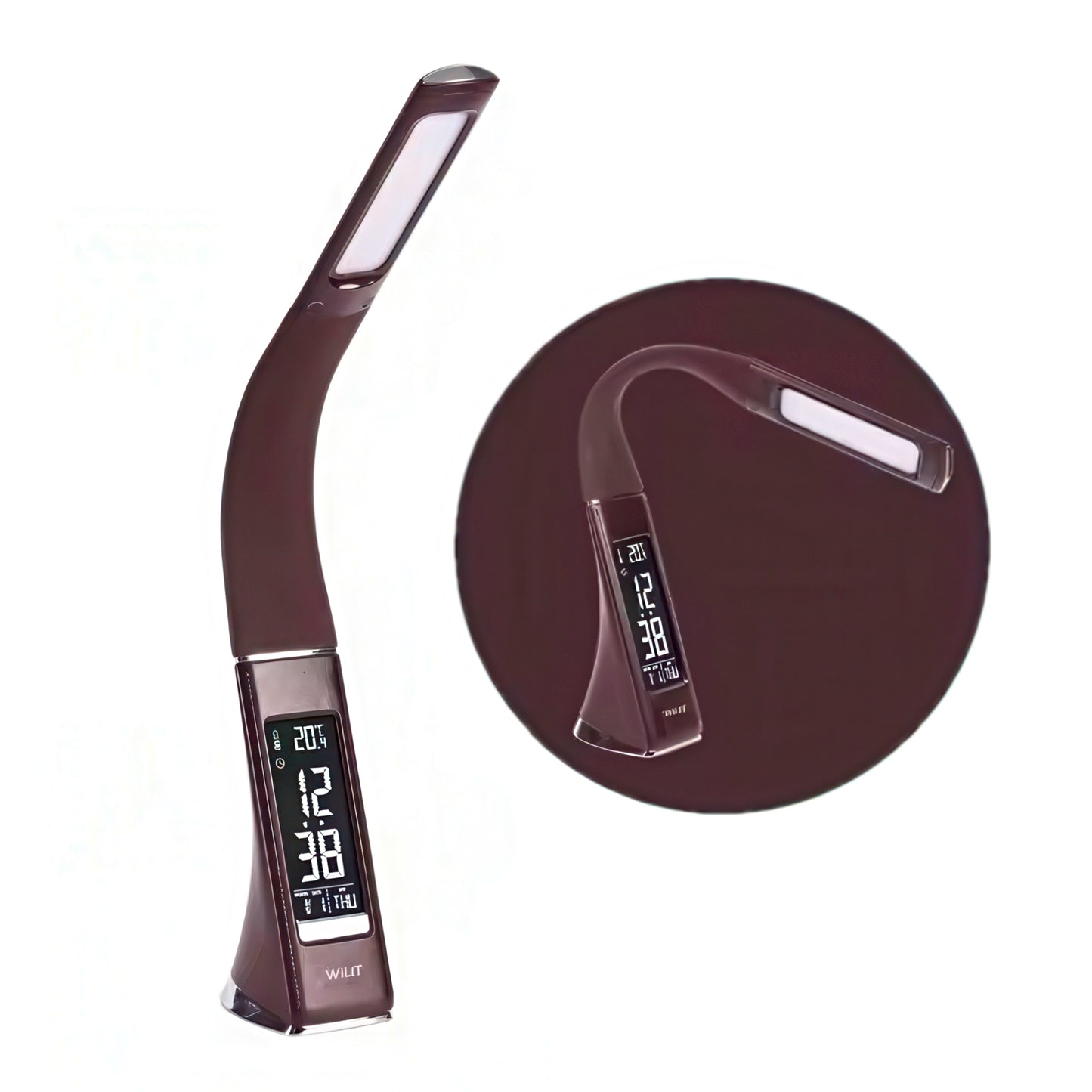 Flexi-bendable LED desk lamp with digital clock and temperature display on a white background