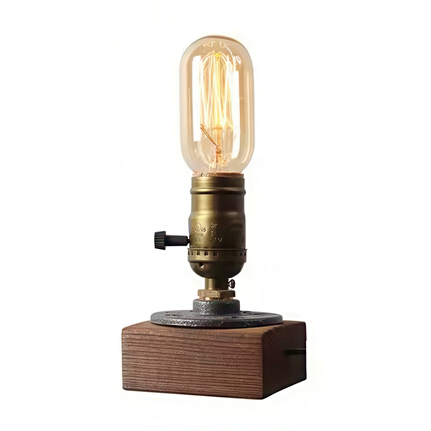Vintage-style table lamp with wooden base and brass fitting on a white background