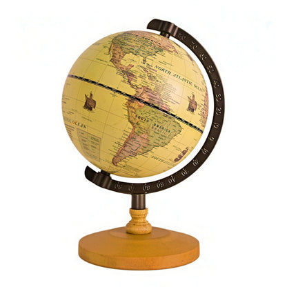 Vintage-style globe with wooden stand on a white background