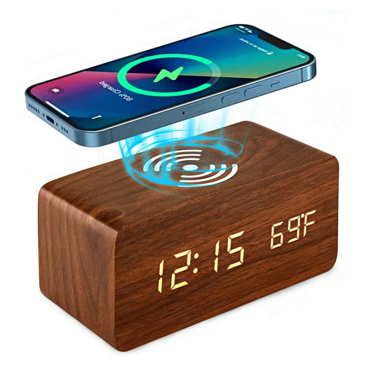 Wooden Alarm Clock with Wireless Charging