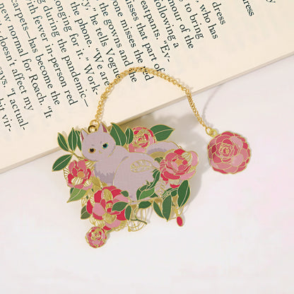 Cat with Flowers Metal Bookmark