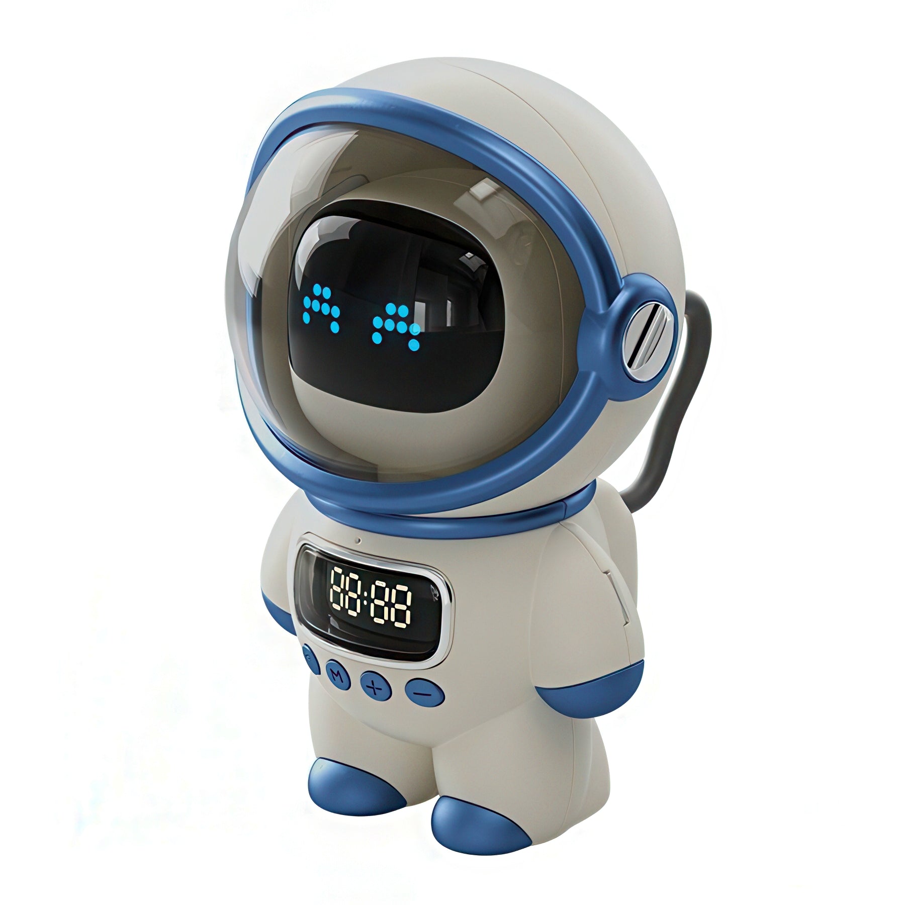 Toy robot with astronaut helmet and digital display on a white background