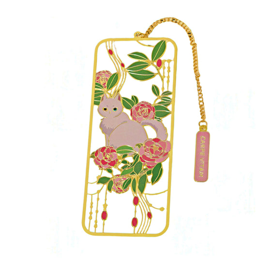 Cat and Flowers Themed Metal Bookmark