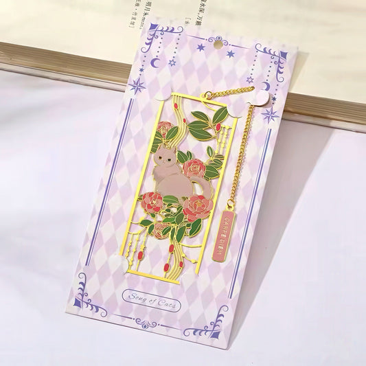 Cat and Flowers Themed Metal Bookmark