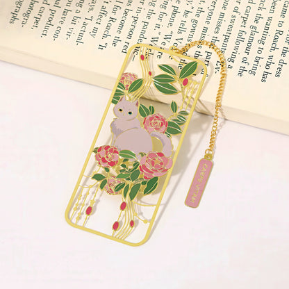 Cat and Flowers Themed Metal Bookmark